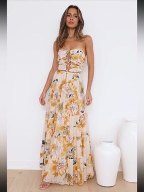 Floral Strapless Maxi Dress in Cream and Mustard